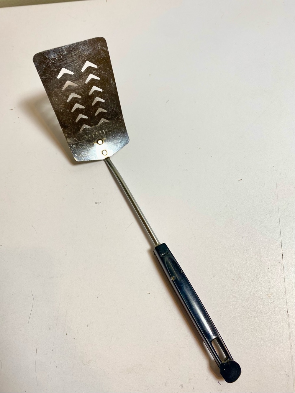 VTG Androck Stainless Steel Slotted Spatula Black Plastic Handle Silver USA